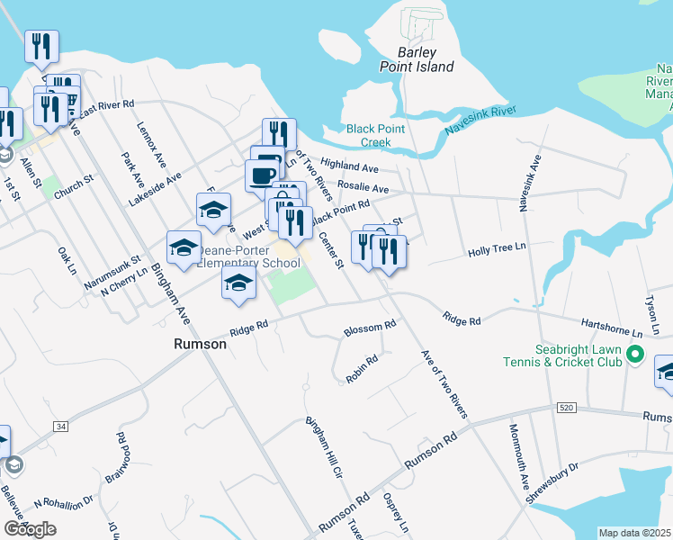map of restaurants, bars, coffee shops, grocery stores, and more near 36 Center Street in Rumson