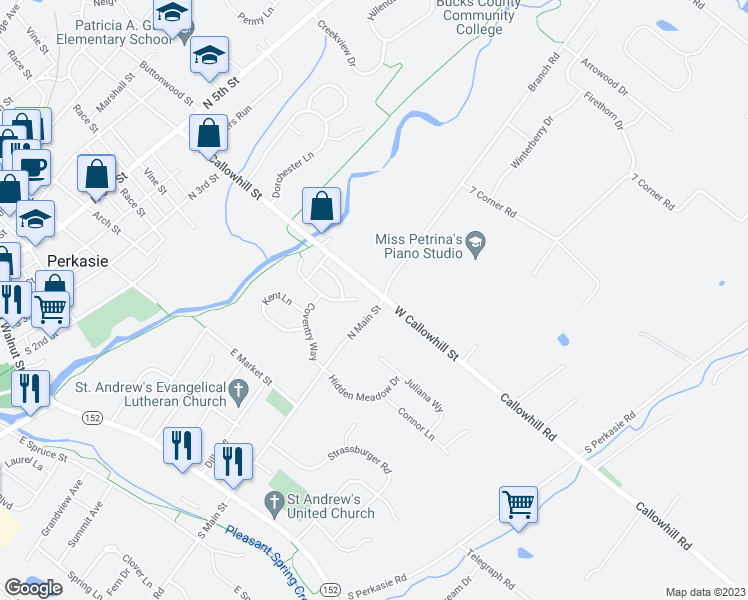 map of restaurants, bars, coffee shops, grocery stores, and more near 100 West Callowhill Street in Perkasie