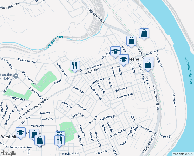 map of restaurants, bars, coffee shops, grocery stores, and more near 26 Norman Street in Duquesne