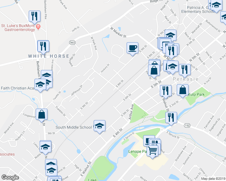 map of restaurants, bars, coffee shops, grocery stores, and more near 602 South 8th Street in Perkasie