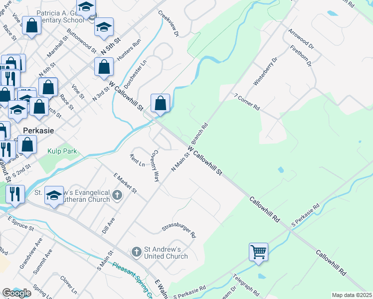 map of restaurants, bars, coffee shops, grocery stores, and more near 100 West Callowhill Street in Perkasie