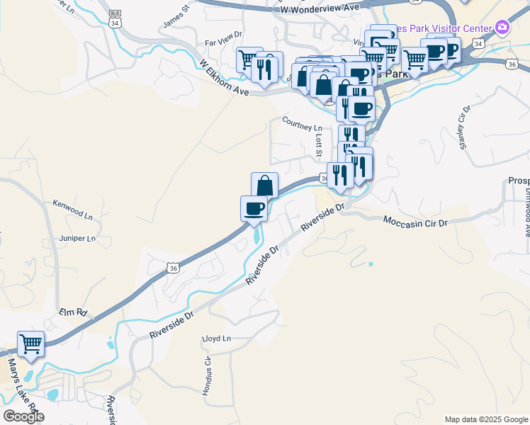 map of restaurants, bars, coffee shops, grocery stores, and more near 509 Pine River Lane in Estes Park