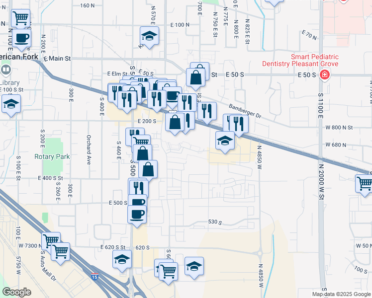 map of restaurants, bars, coffee shops, grocery stores, and more near 342 West 740 North in American Fork