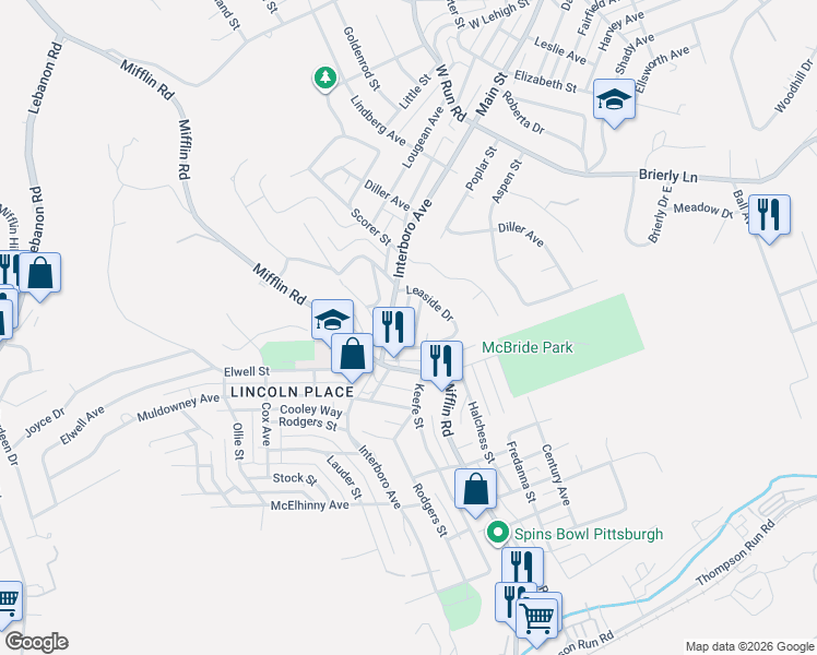map of restaurants, bars, coffee shops, grocery stores, and more near 5133 Interboro Avenue in Pittsburgh