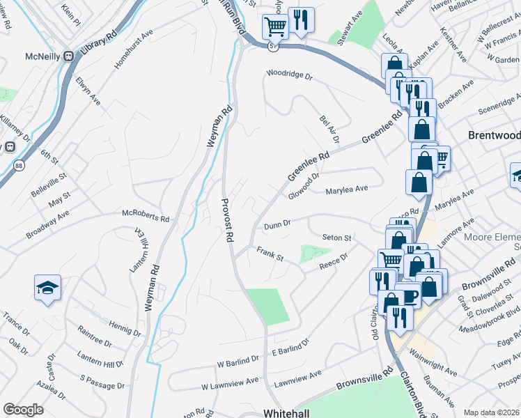 map of restaurants, bars, coffee shops, grocery stores, and more near 722 Greenlee Road in Pittsburgh