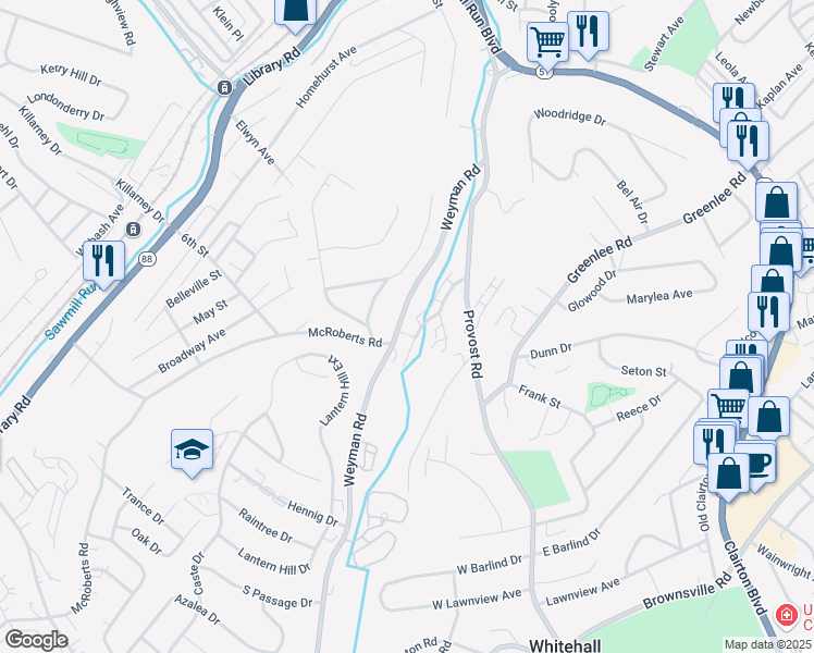 map of restaurants, bars, coffee shops, grocery stores, and more near 105 Shadowlawn Drive in Pittsburgh