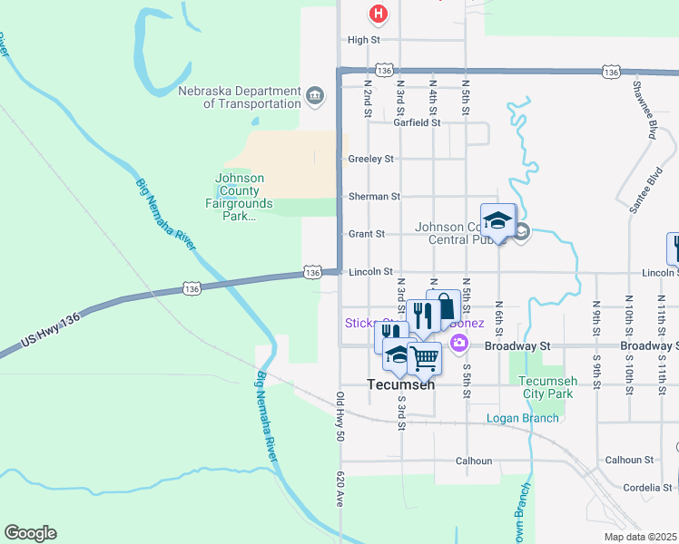 map of restaurants, bars, coffee shops, grocery stores, and more near US Highway 136 in Tecumseh