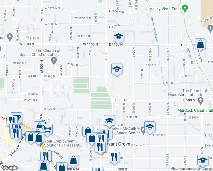 map of restaurants, bars, coffee shops, grocery stores, and more near 581 North 100 East in Pleasant Grove