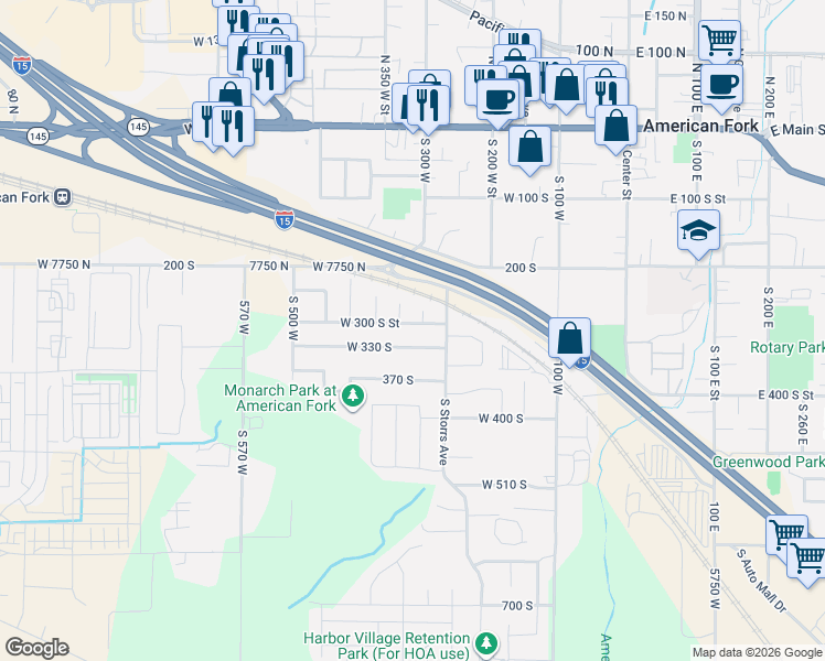 map of restaurants, bars, coffee shops, grocery stores, and more near 311 West 300 South Street in American Fork