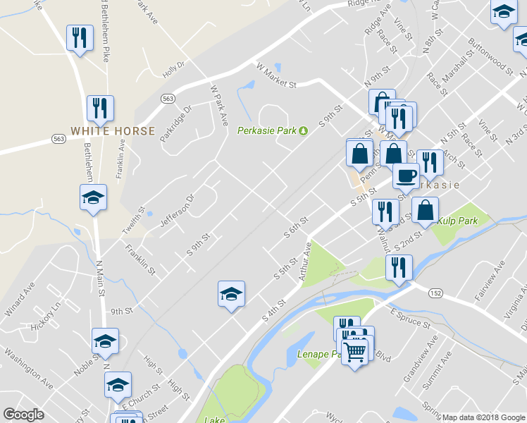 map of restaurants, bars, coffee shops, grocery stores, and more near 607 South 8th Street in Perkasie