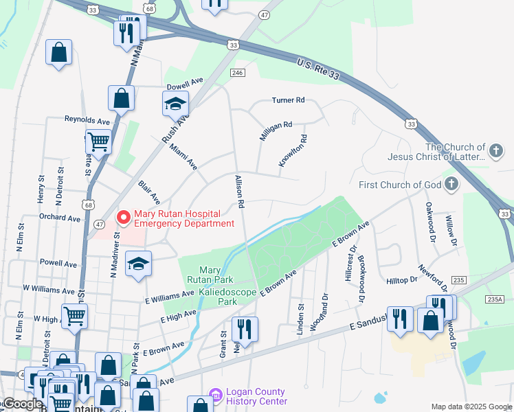 map of restaurants, bars, coffee shops, grocery stores, and more near 1234 Dakota Road in Bellefontaine