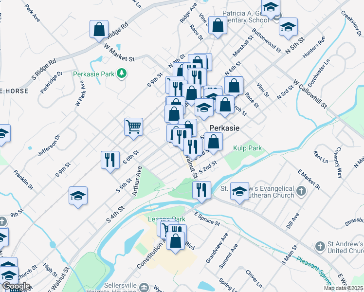 map of restaurants, bars, coffee shops, grocery stores, and more near 424 West Walnut Street in Perkasie