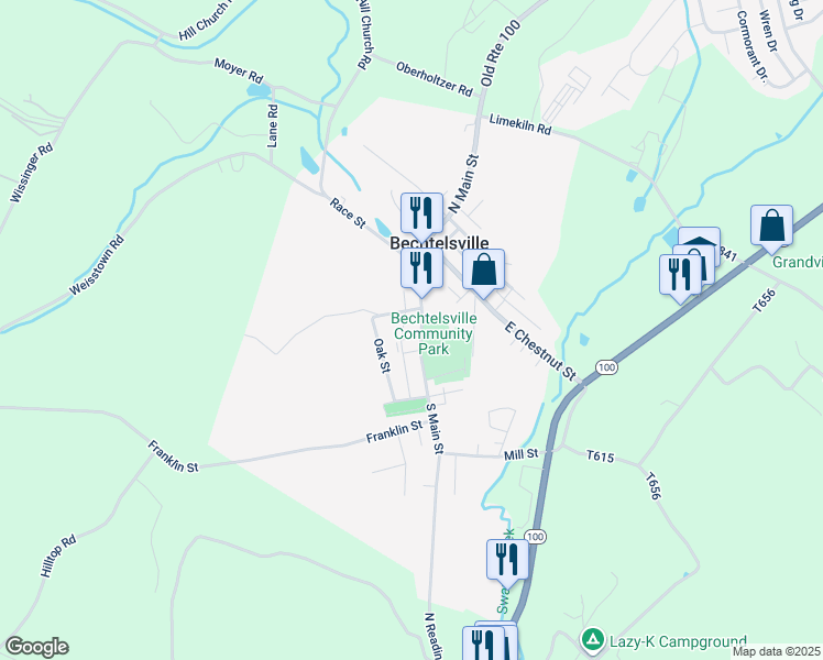 map of restaurants, bars, coffee shops, grocery stores, and more near 1755R South Main Street in Bechtelsville