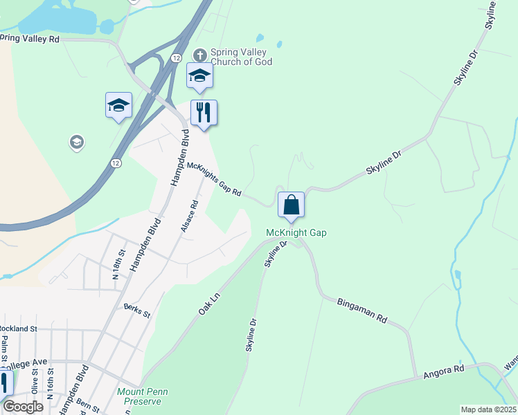 map of restaurants, bars, coffee shops, grocery stores, and more near 2022 McKnights Gap Road in Reading