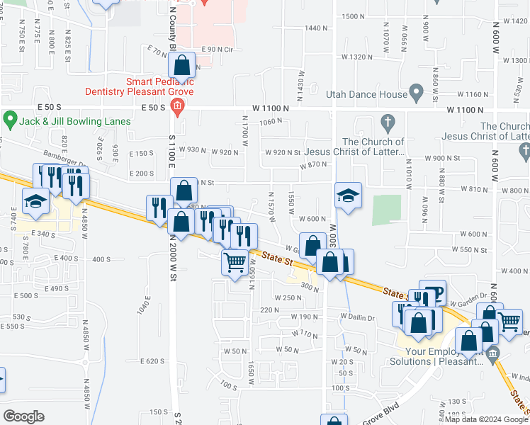 map of restaurants, bars, coffee shops, grocery stores, and more near 1636 West 680 North in Pleasant Grove