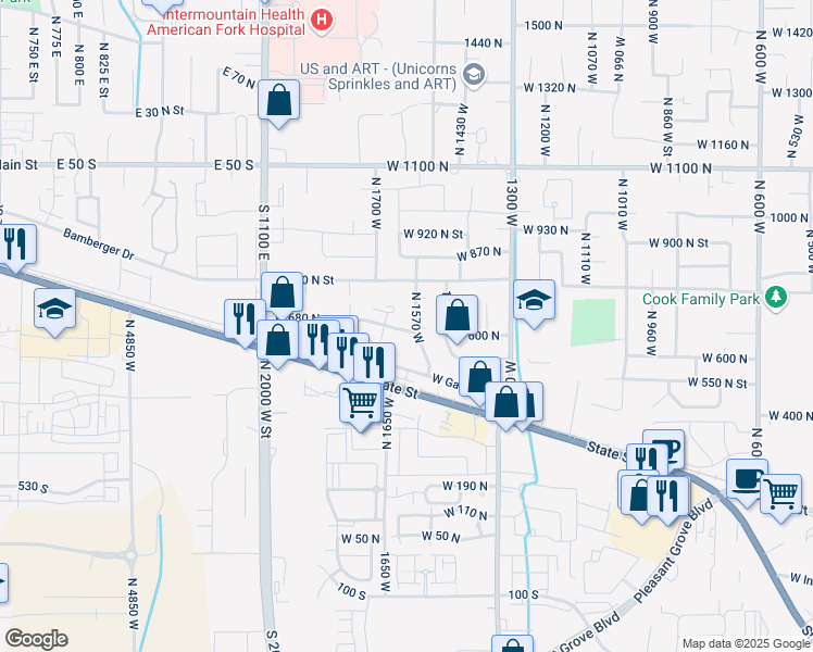map of restaurants, bars, coffee shops, grocery stores, and more near 1638 West 680 North Street in Pleasant Grove