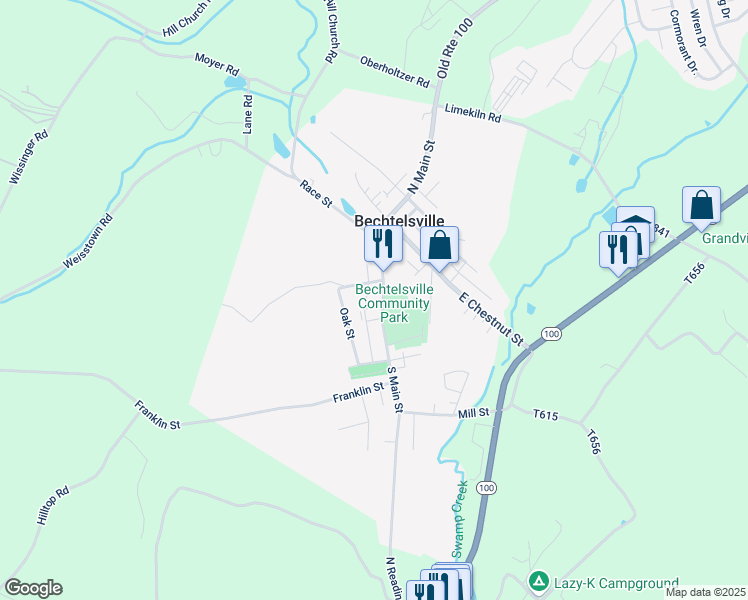 map of restaurants, bars, coffee shops, grocery stores, and more near 1755R South Main Street in Bechtelsville