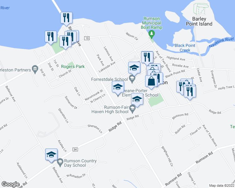 map of restaurants, bars, coffee shops, grocery stores, and more near 50 Black Point Road in Rumson