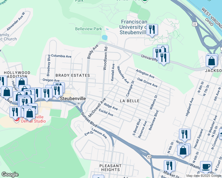 map of restaurants, bars, coffee shops, grocery stores, and more near in Steubenville