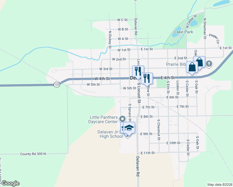 map of restaurants, bars, coffee shops, grocery stores, and more near 503 North Walnut Street in Delavan
