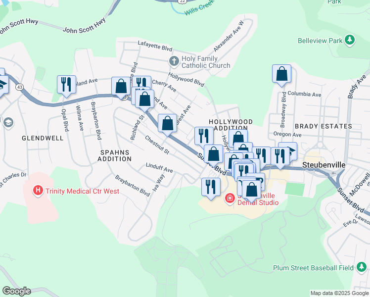 map of restaurants, bars, coffee shops, grocery stores, and more near 2398 Sunset Boulevard in Steubenville