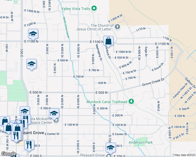 map of restaurants, bars, coffee shops, grocery stores, and more near 622 East 700 North in Pleasant Grove