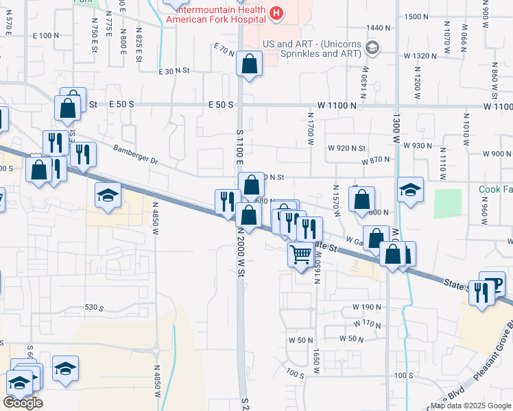 map of restaurants, bars, coffee shops, grocery stores, and more near 1950 East State Street in Pleasant Grove