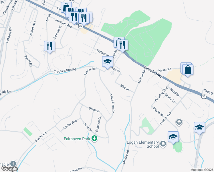 map of restaurants, bars, coffee shops, grocery stores, and more near 246 Mary Ellen Drive in North Versailles