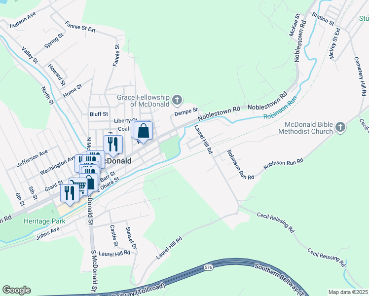 map of restaurants, bars, coffee shops, grocery stores, and more near 416 Park Avenue in McDonald
