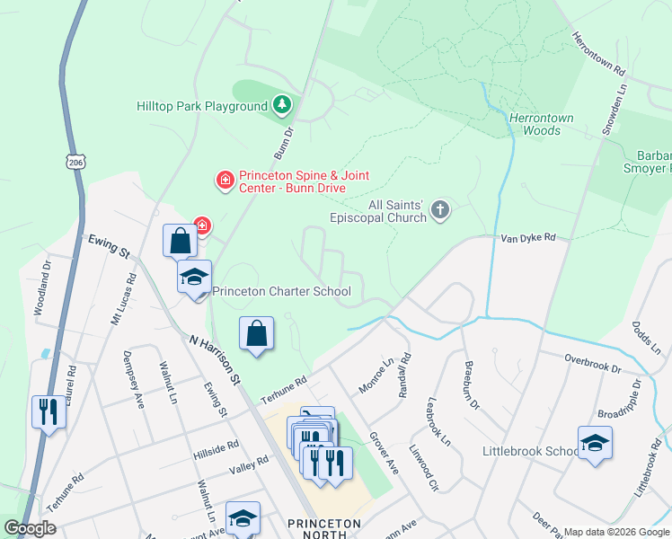 map of restaurants, bars, coffee shops, grocery stores, and more near 26 Governors Lane in Princeton