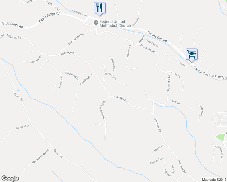 map of restaurants, bars, coffee shops, grocery stores, and more near 1291 Oakridge Road in McDonald