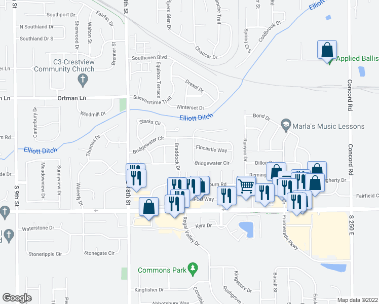 map of restaurants, bars, coffee shops, grocery stores, and more near 2014 Bridgewater Circle in Lafayette