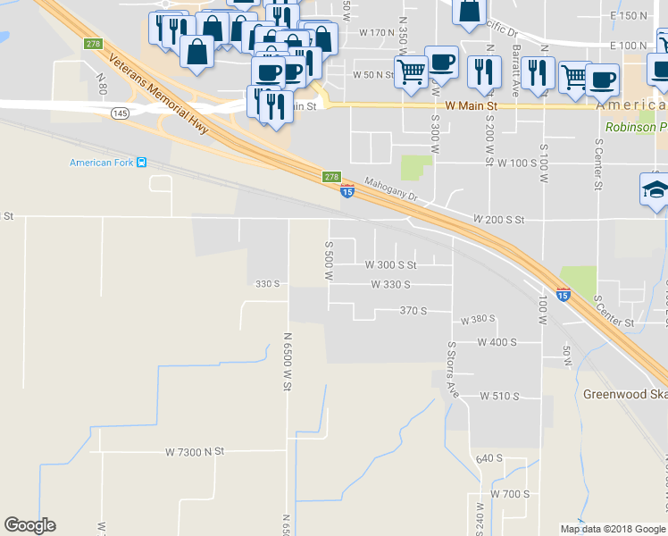 map of restaurants, bars, coffee shops, grocery stores, and more near 493 West 300 South Street in American Fork