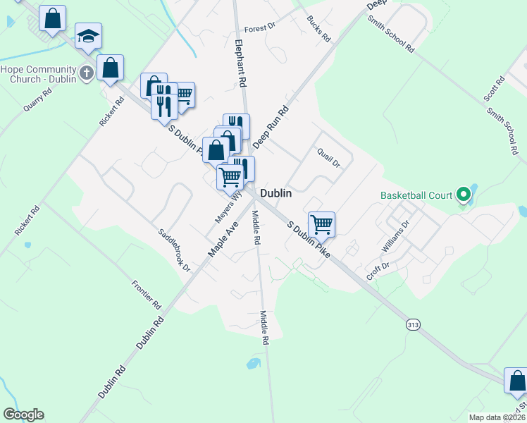 map of restaurants, bars, coffee shops, grocery stores, and more near 105 Middle Road in Dublin