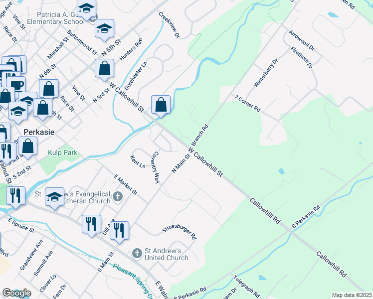 map of restaurants, bars, coffee shops, grocery stores, and more near 136 Strawberry Lane in Perkasie