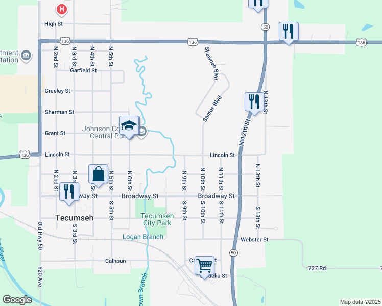 map of restaurants, bars, coffee shops, grocery stores, and more near 940 Lincoln Street in Tecumseh