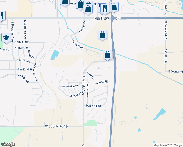 map of restaurants, bars, coffee shops, grocery stores, and more near 2102 Arron Drive in Loveland