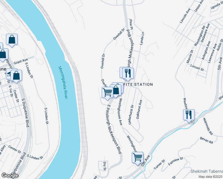 map of restaurants, bars, coffee shops, grocery stores, and more near 520 Overhill Dr in North Versailles