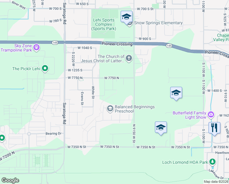 map of restaurants, bars, coffee shops, grocery stores, and more near 1865 West 1400 South in Lehi