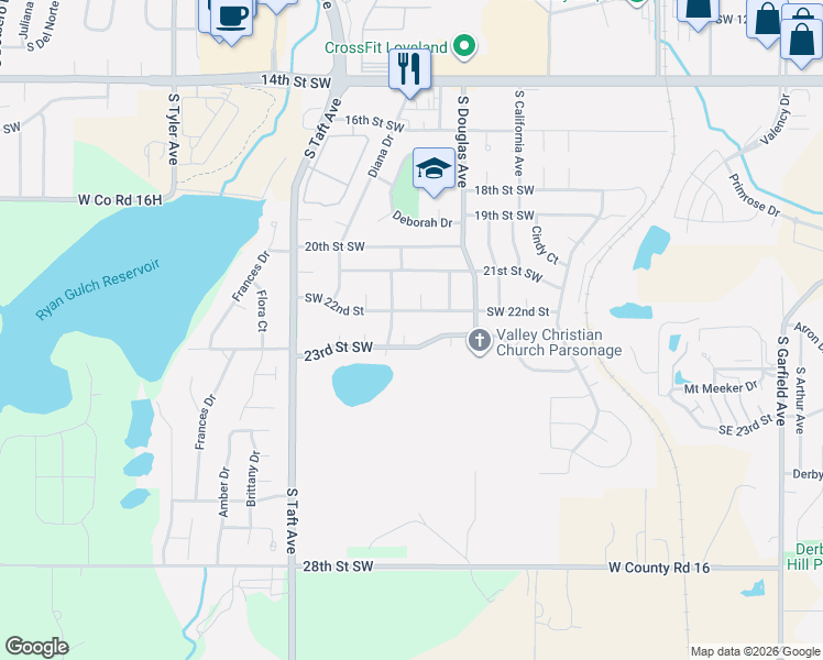 map of restaurants, bars, coffee shops, grocery stores, and more near 2252 Darla Court in Loveland