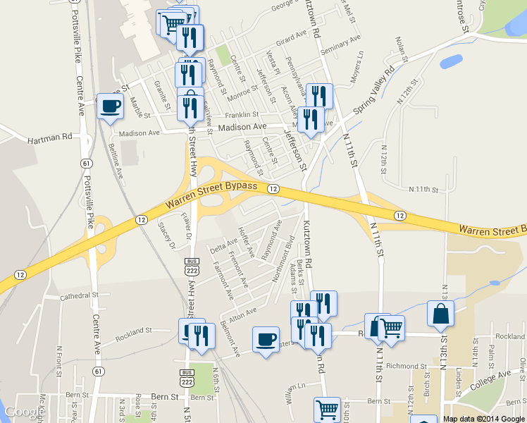map of restaurants, bars, coffee shops, grocery stores, and more near 210 Columbia Ave in Reading