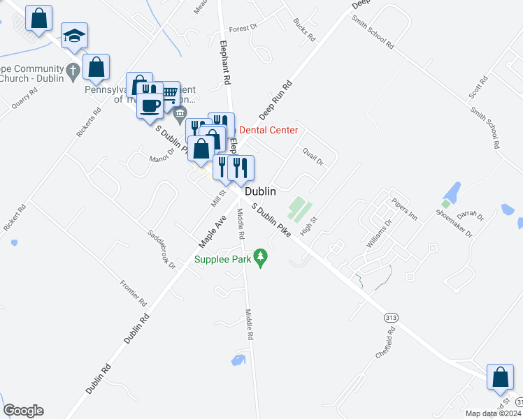 map of restaurants, bars, coffee shops, grocery stores, and more near 119 South Main Street in Dublin