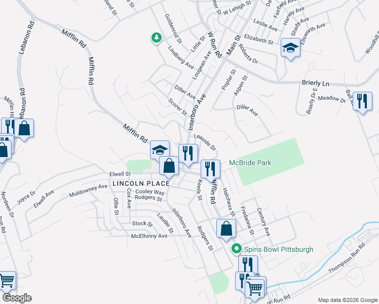 map of restaurants, bars, coffee shops, grocery stores, and more near 5133 Interboro Avenue in Pittsburgh