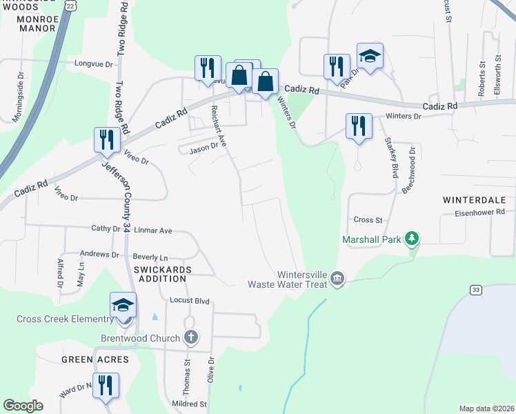 map of restaurants, bars, coffee shops, grocery stores, and more near 53 Forestview Drive in Steubenville