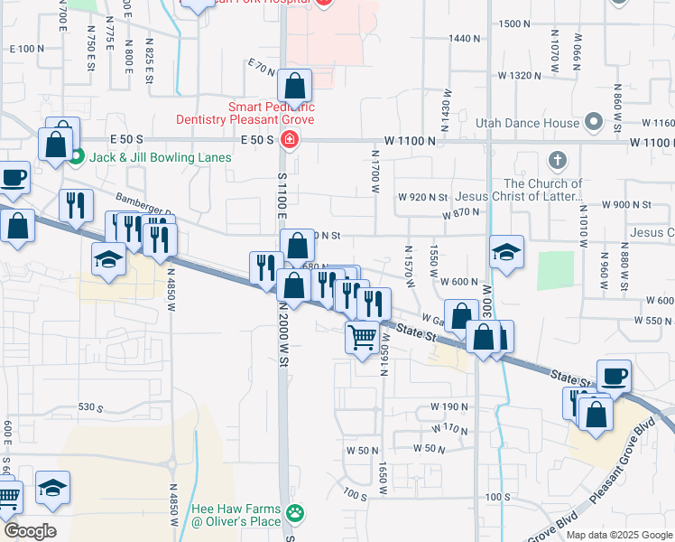 map of restaurants, bars, coffee shops, grocery stores, and more near 1863 West 680 North in Pleasant Grove