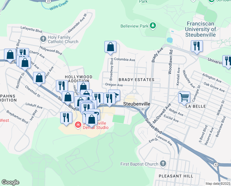 map of restaurants, bars, coffee shops, grocery stores, and more near 635 Oxford Boulevard in Steubenville