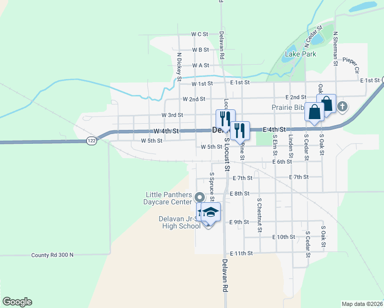 map of restaurants, bars, coffee shops, grocery stores, and more near 503 North Walnut Street in Delavan