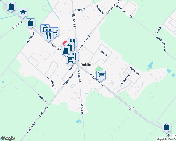 map of restaurants, bars, coffee shops, grocery stores, and more near 123 South Main Street in Dublin
