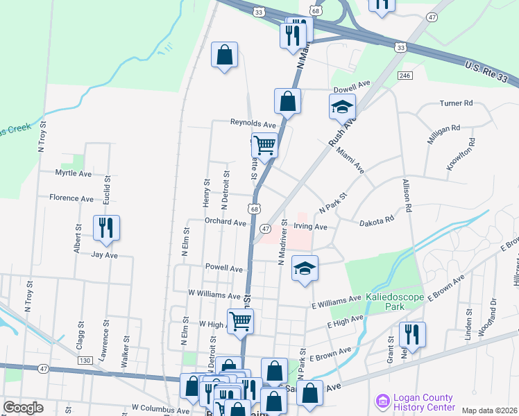 map of restaurants, bars, coffee shops, grocery stores, and more near 716 North Main Street in Bellefontaine