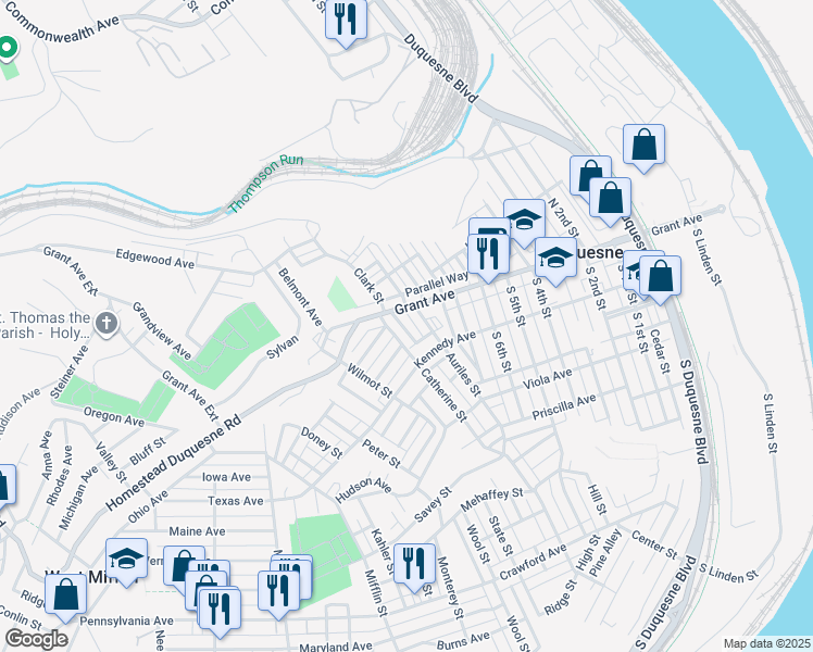 map of restaurants, bars, coffee shops, grocery stores, and more near 17 Earl Street in Duquesne